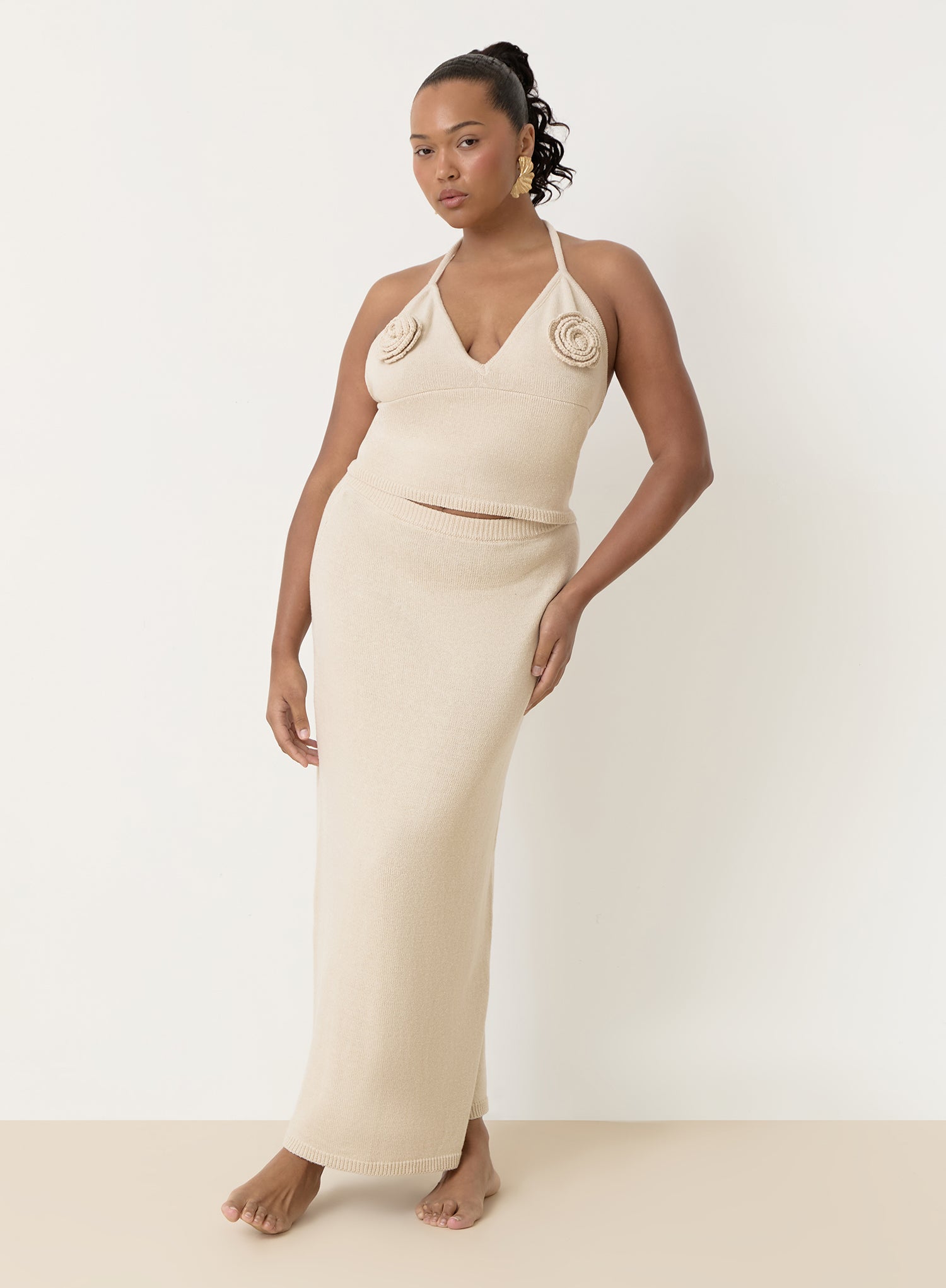 Cream Knit Corsage Halterneck Top